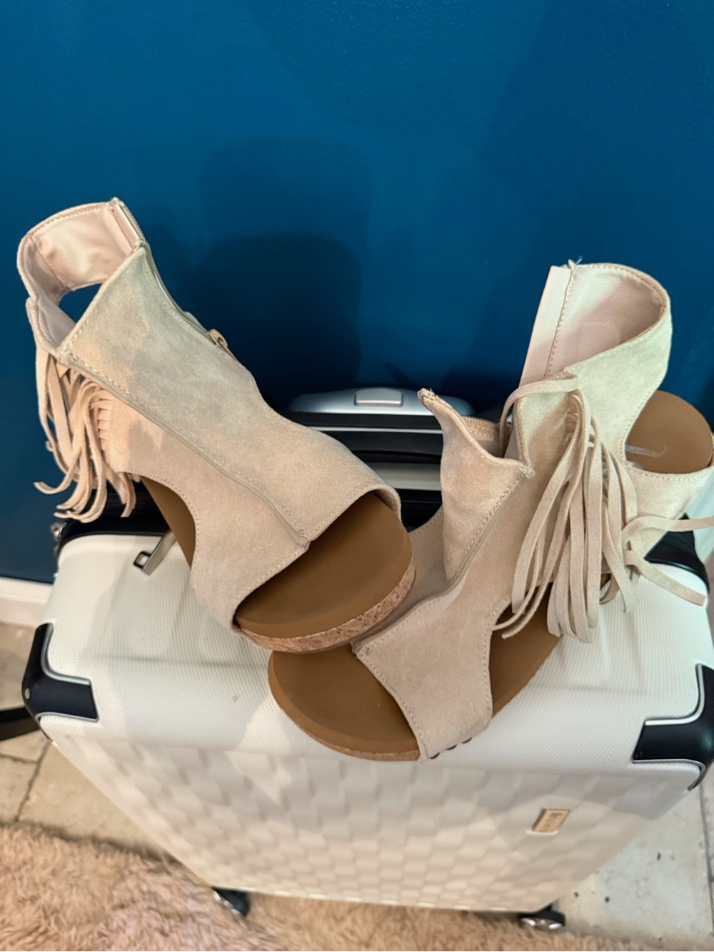 Very G Cream Suede Fringe Open-Toe Wedge Sandal